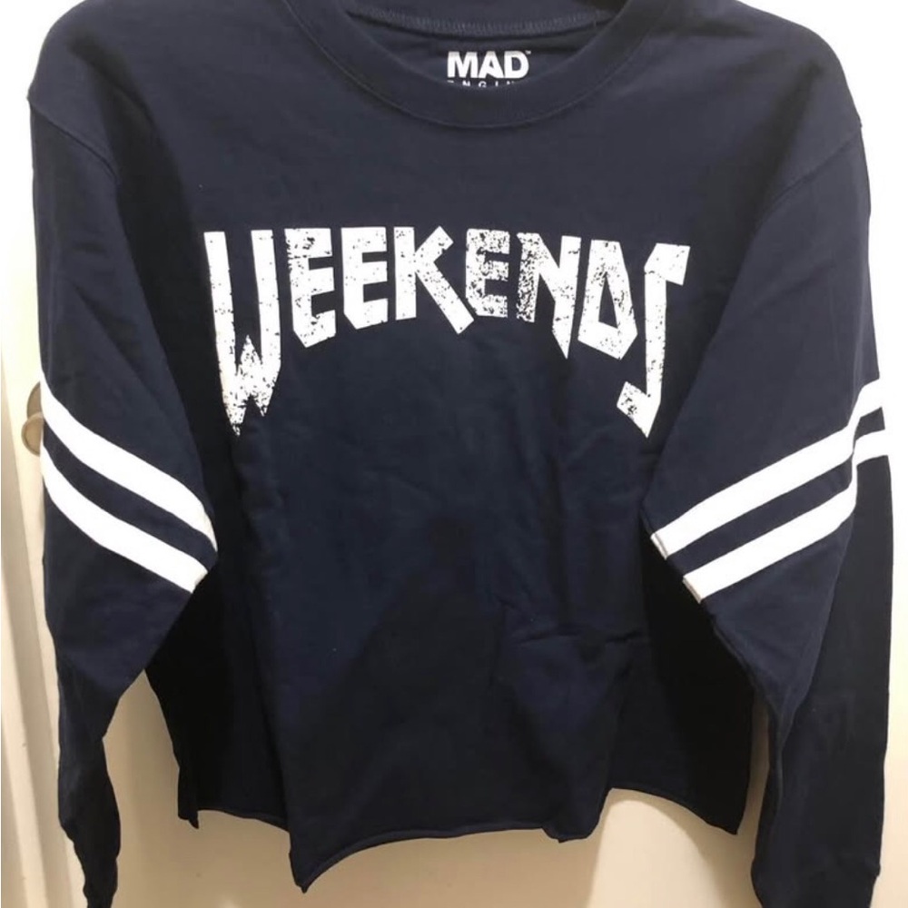 Women’s MAD Engine Navy Long-Sleeve "WEEKENDS" Graphic Tee with White Stripes
